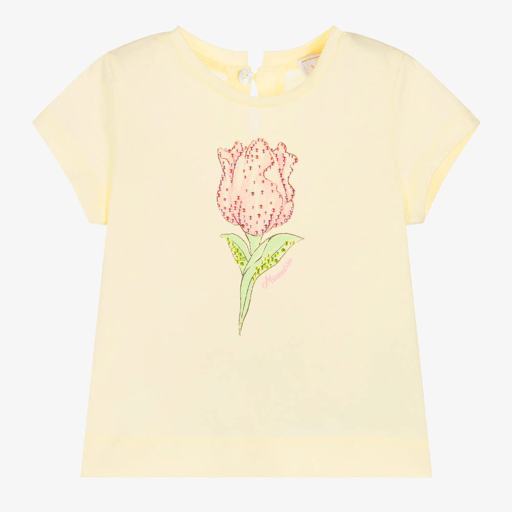 Monnalisa - Girls Yellow Cotton Diamanté Tulip T-Shirt | Childrensalon