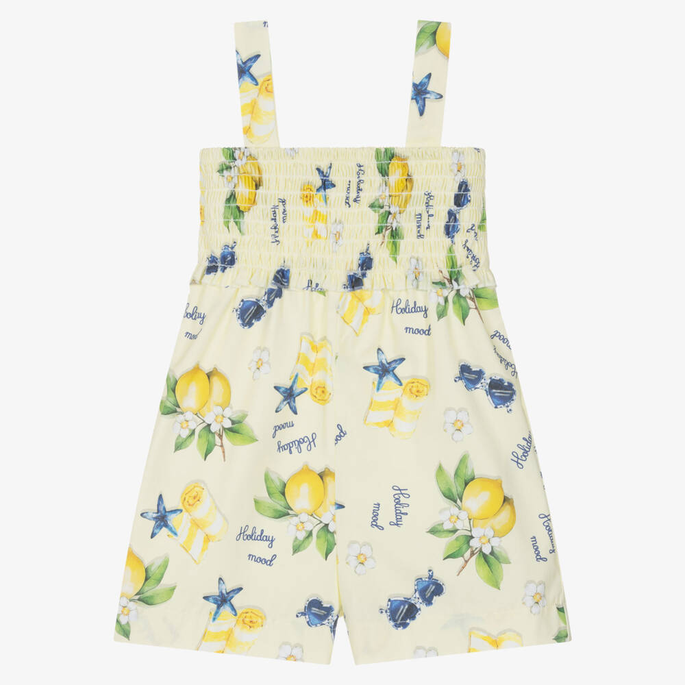 Monnalisa-Girls Yellow Cotton Holiday Print Playsuit | Childrensalon Outlet