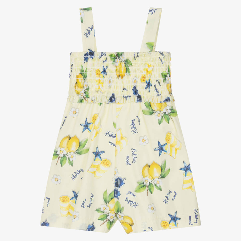 Monnalisa-Girls Yellow Cotton Holiday Print Playsuit | Childrensalon Outlet