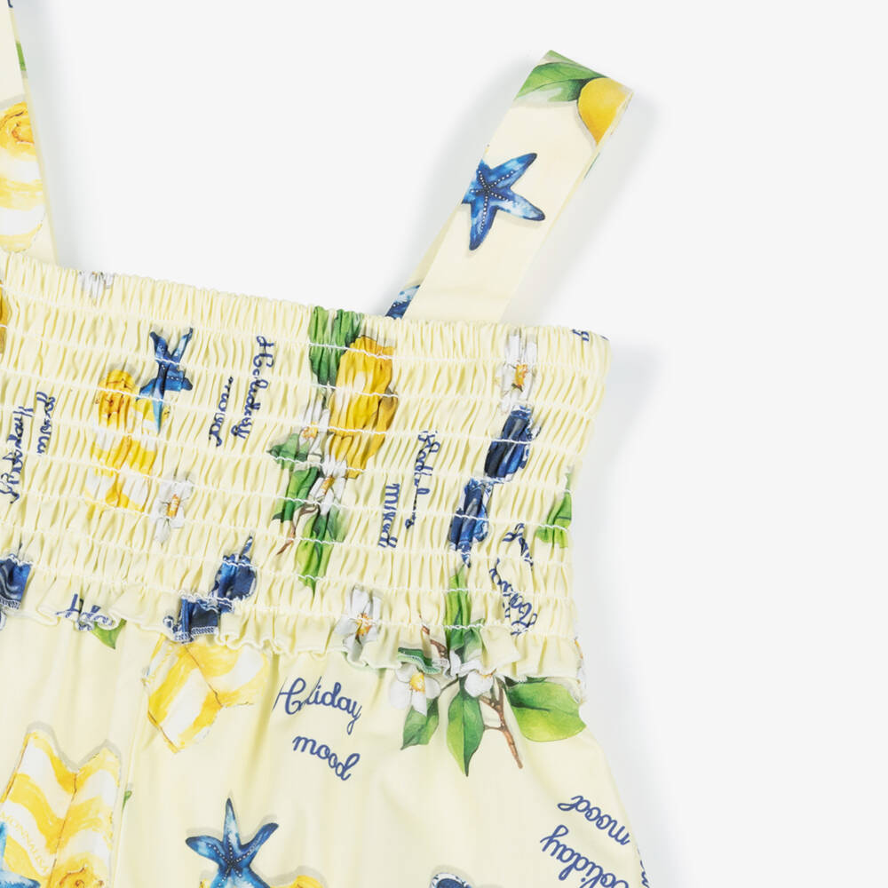 Monnalisa-Girls Yellow Cotton Holiday Print Playsuit | Childrensalon Outlet