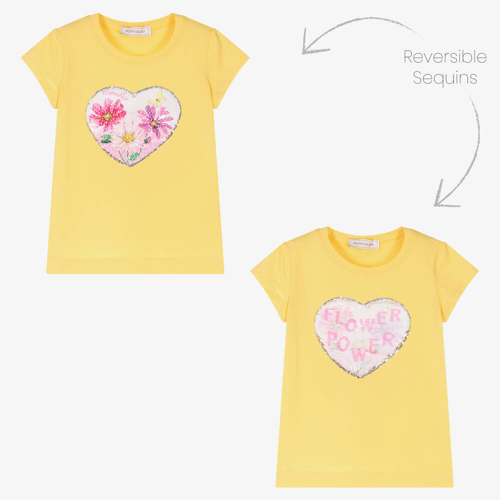 Monnalisa - Желтая хлопковая футболка с сердцем из пайеток | Childrensalon