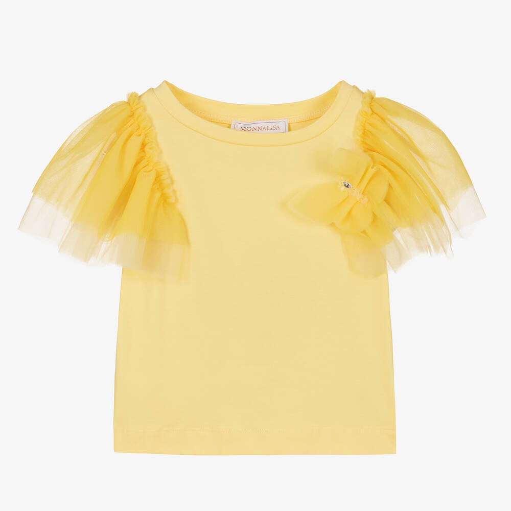 Monnalisa - Girls Yellow Cotton & Tulle Top | Childrensalon