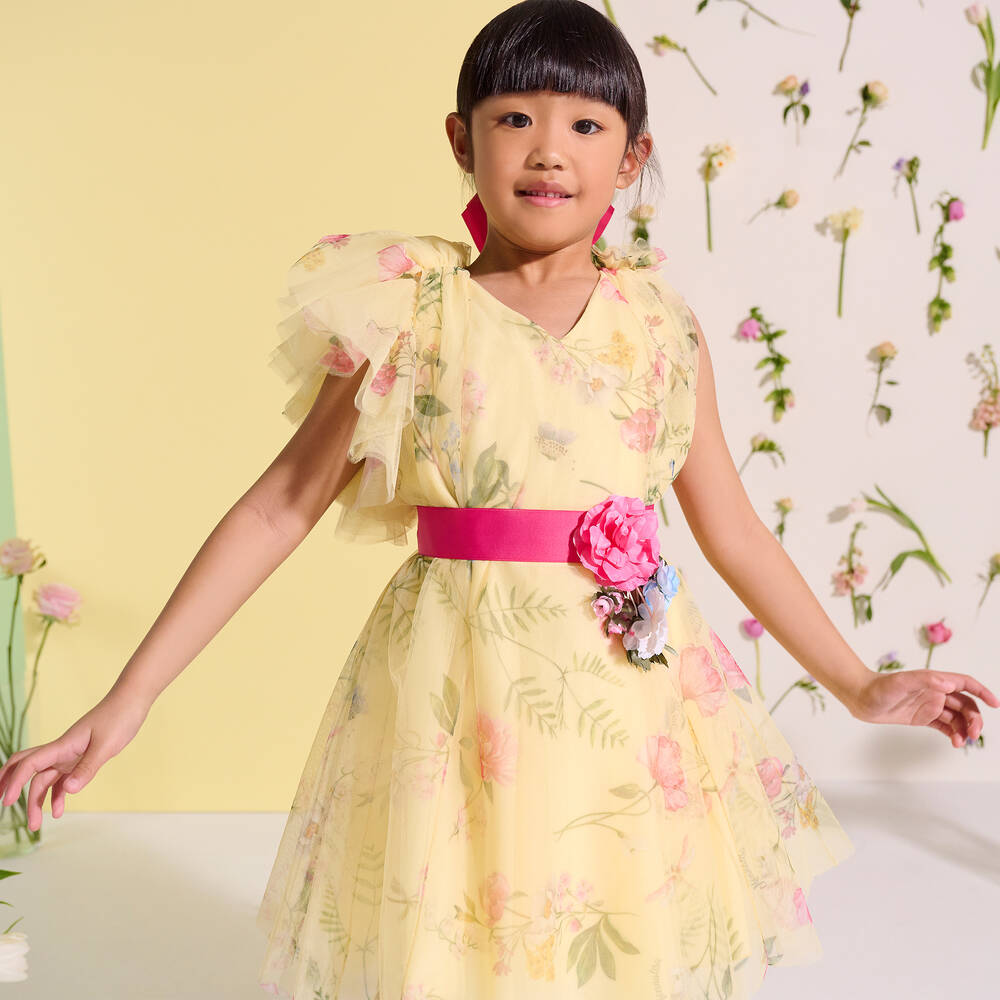 Monnalisa Girls Yellow Floral Tulle Dress Childrensalon Outlet