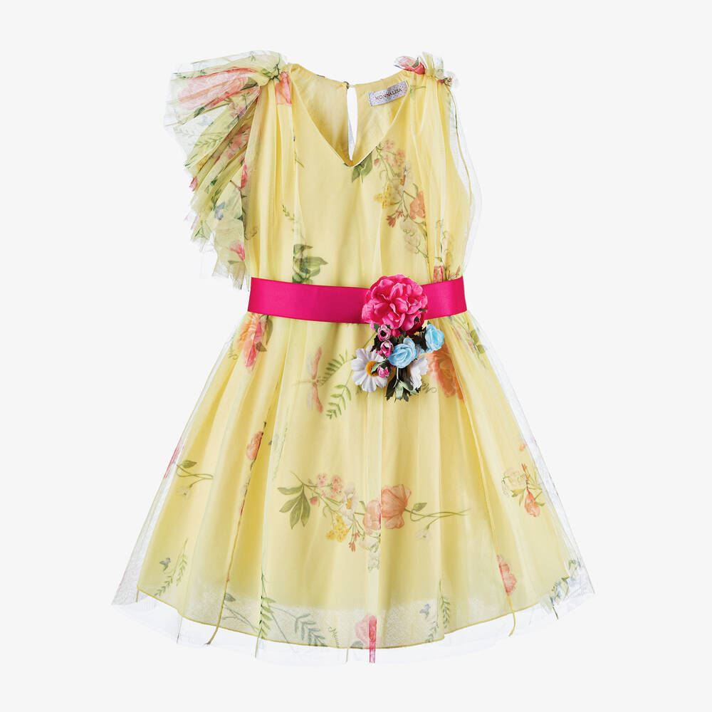 Monnalisa-Girls Yellow Floral Tulle Dress | Childrensalon Outlet
