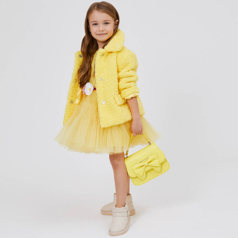 Monnalisa-Girls Yellow Leather Bow Handbag (21cm)  | Childrensalon Outlet