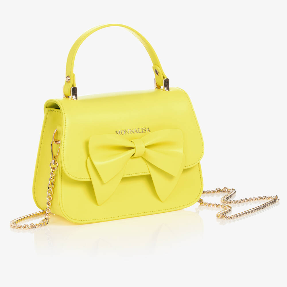 Monnalisa-Girls Yellow Leather Bow Handbag (21cm)  | Childrensalon Outlet