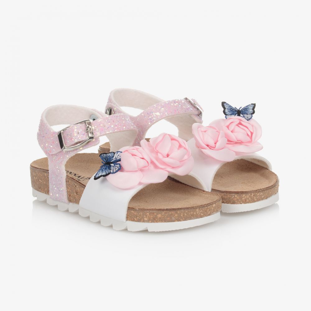 Monnalisa - Rosa Glitzersandalen mit Blumenschmuck | Childrensalon