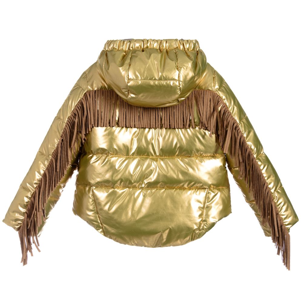 Monnalisa-Gold Fringed Puffer Jacket | Childrensalon Outlet
