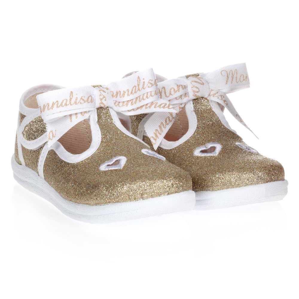 Monnalisa - Золотистые туфли из парусины с блестками и бантиками | Childrensalon