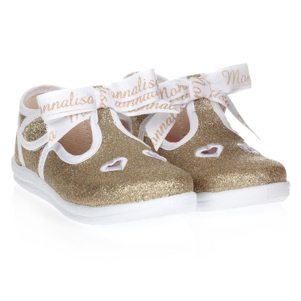 Monnalisa Gold Glitter Bow Canvas Shoes Childrensalon Outlet