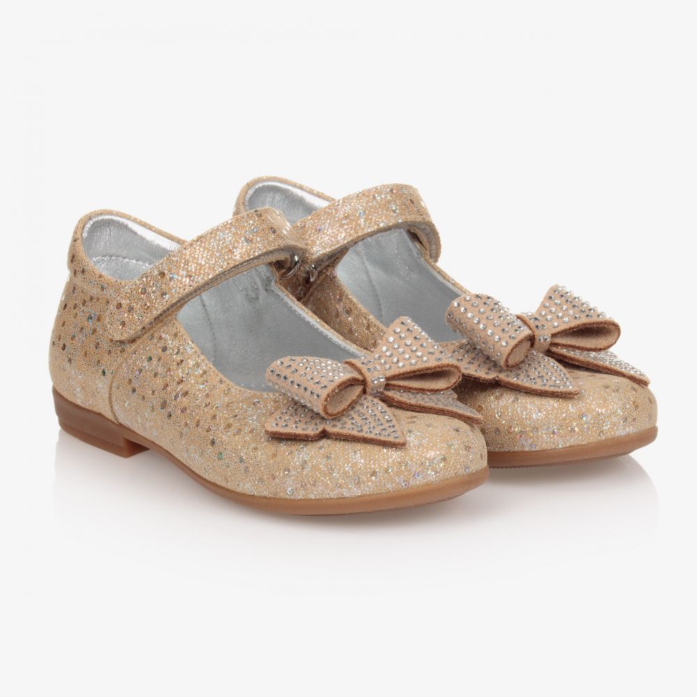 Monnalisa - حذاء جلد مزين بفيونكة لون ذهبي للبنات | Childrensalon