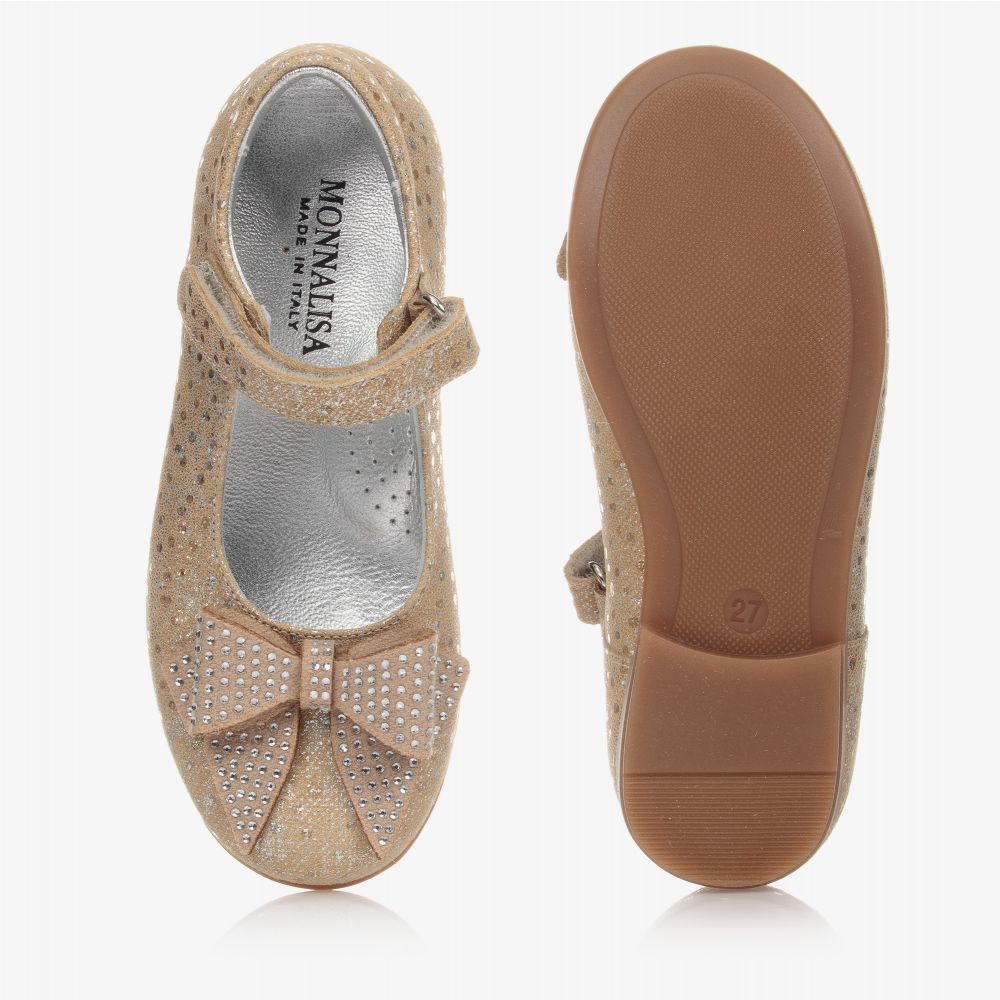موناليزا-حذاء جلد مزين بفيونكة لون ذهبي للبنات | Childrensalon Outlet