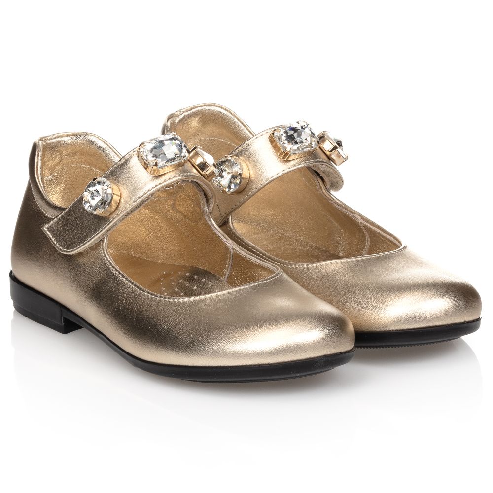 Monnalisa - Gold Leather & Jewel Bar Shoes | Childrensalon