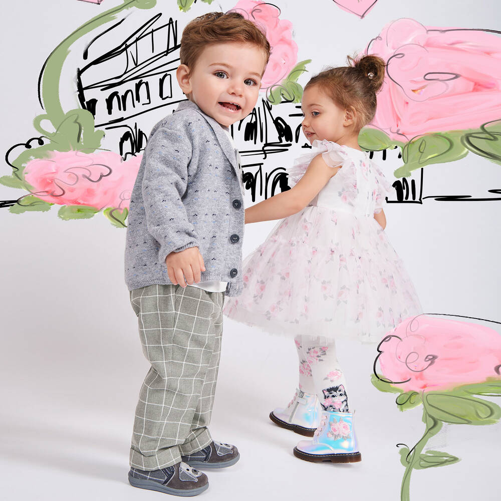 Monnalisa-بنطلون أطفال ولادي مزيج قطن كاروهات لون رمادي | Childrensalon Outlet