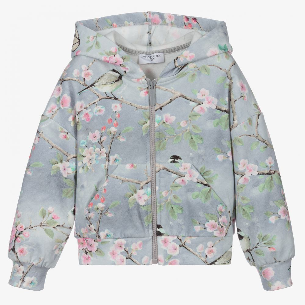 Monnalisa - Veste zippée fleurie grise en coton | Childrensalon