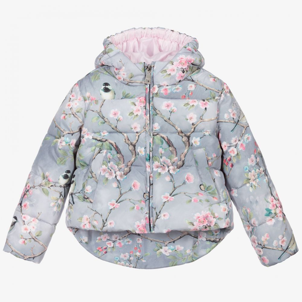 Monnalisa - Grey Floral Puffer Jacket | Childrensalon