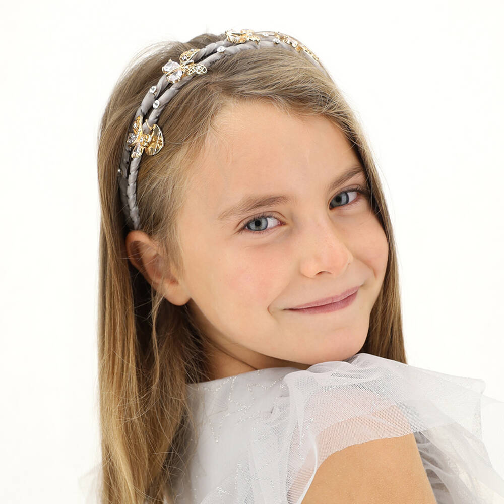 موناليزا-طوق للشعر لون رمادي مزين بفراشات ذهبية للبنات | Childrensalon Outlet