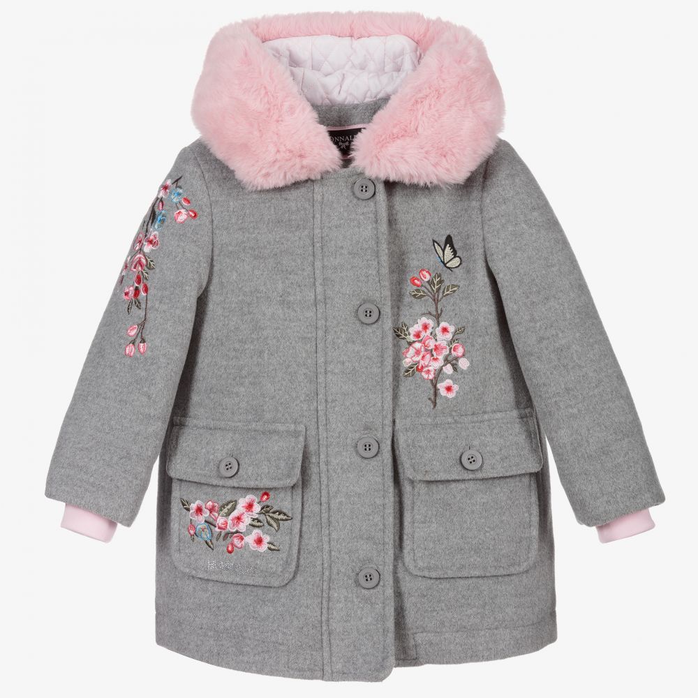 Monnalisa - Manteau fleuri gris et rose en laine | Childrensalon