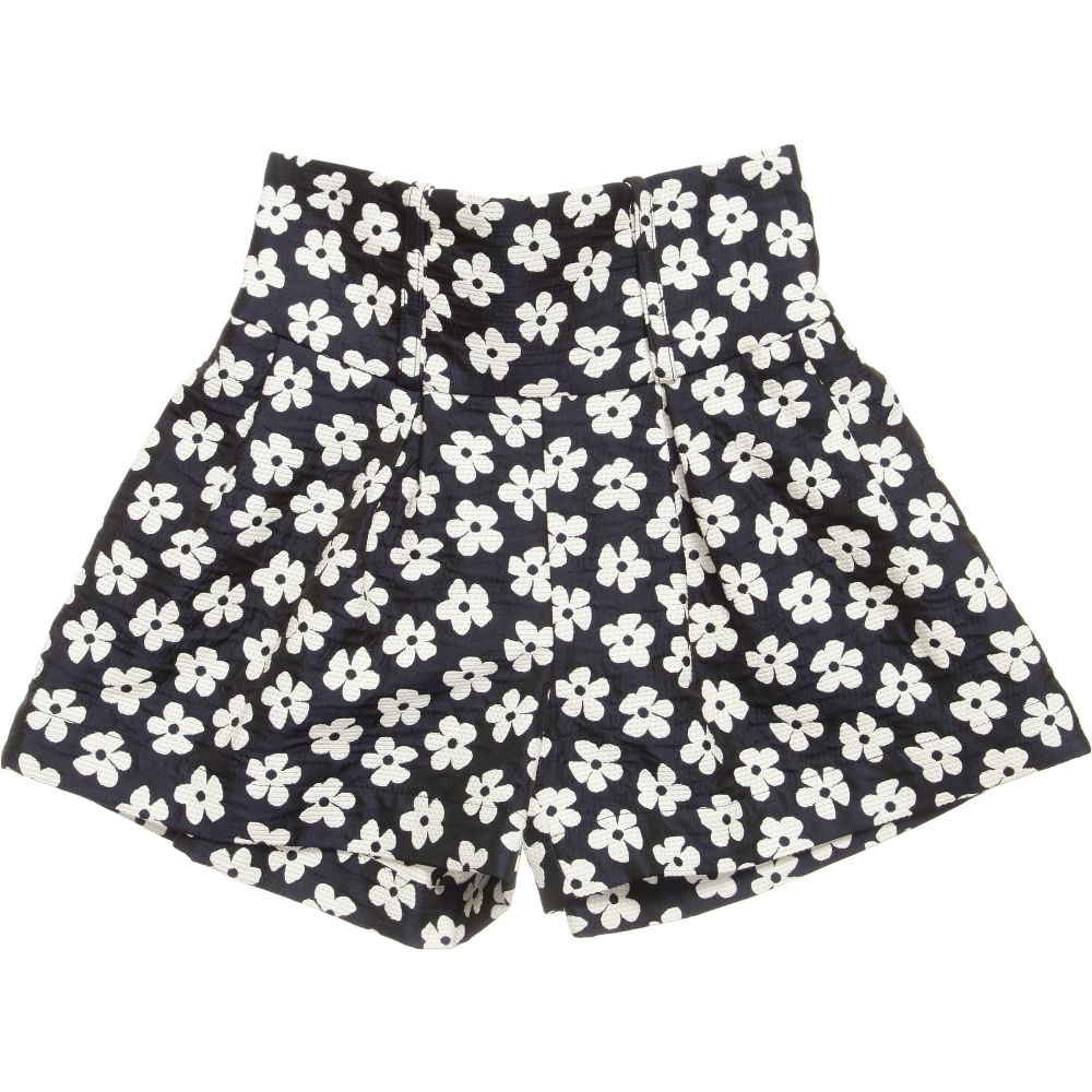 Monnalisa Chic-High-Waisted Navy Blue & White Flower Shorts | Childrensalon Outlet