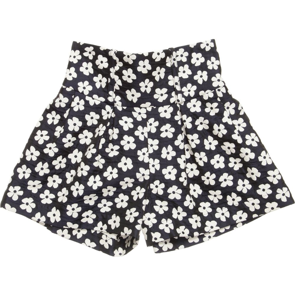 Monnalisa Chic - High-Waisted Navy Blue & White Flower Shorts | Childrensalon