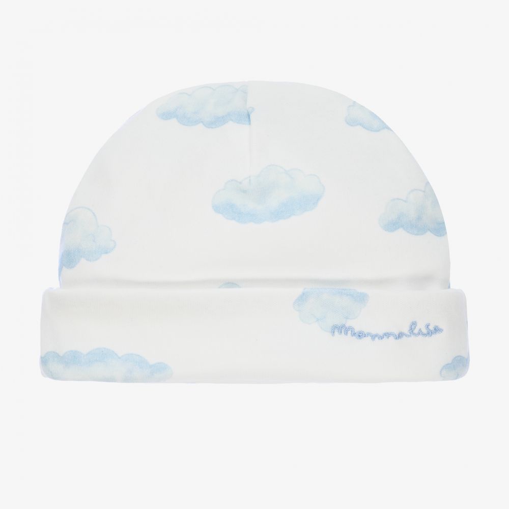 Monnalisa - Ivory & Blue Cotton Baby Hat | Childrensalon