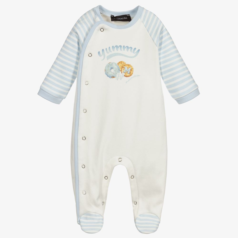 Monnalisa - Ivory & Blue Cotton Babygrow | Childrensalon