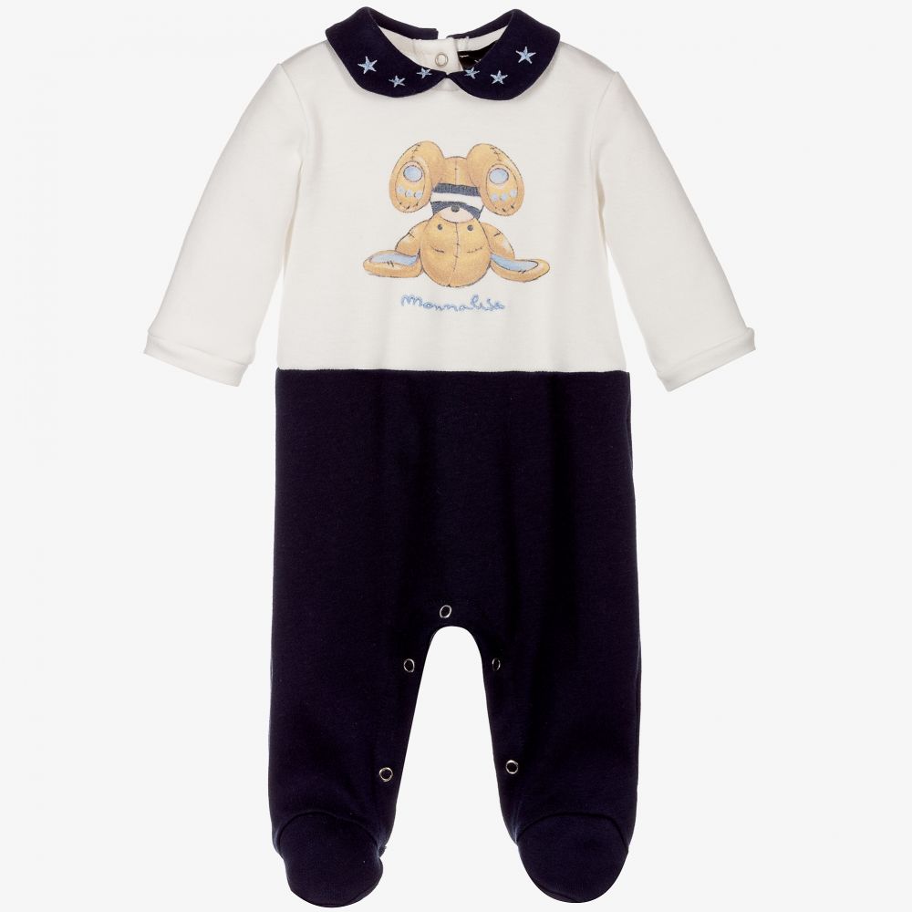 Monnalisa - Ivory & Blue Cotton Babygrow  | Childrensalon