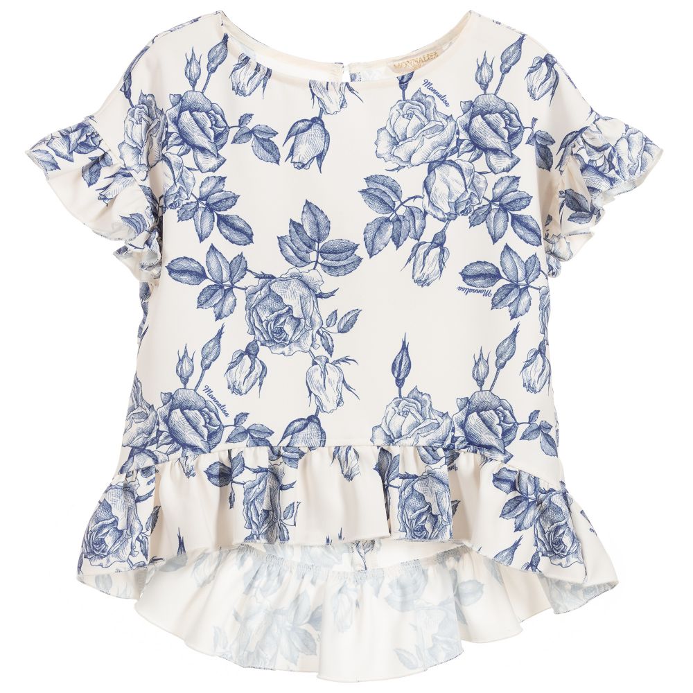 Monnalisa Chic - Ivory & Blue Crêpe Blouse | Childrensalon