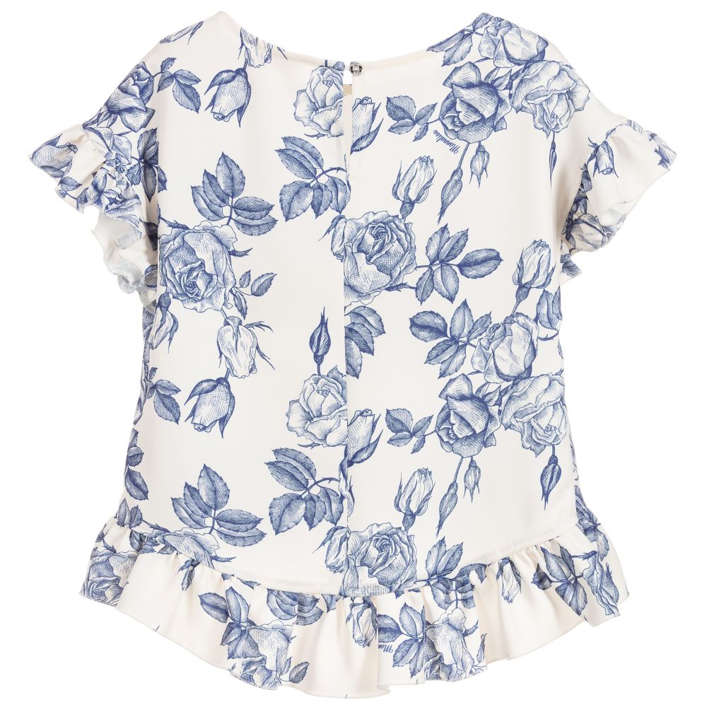Monnalisa Chic-Ivory & Blue Crêpe Blouse | Childrensalon Outlet