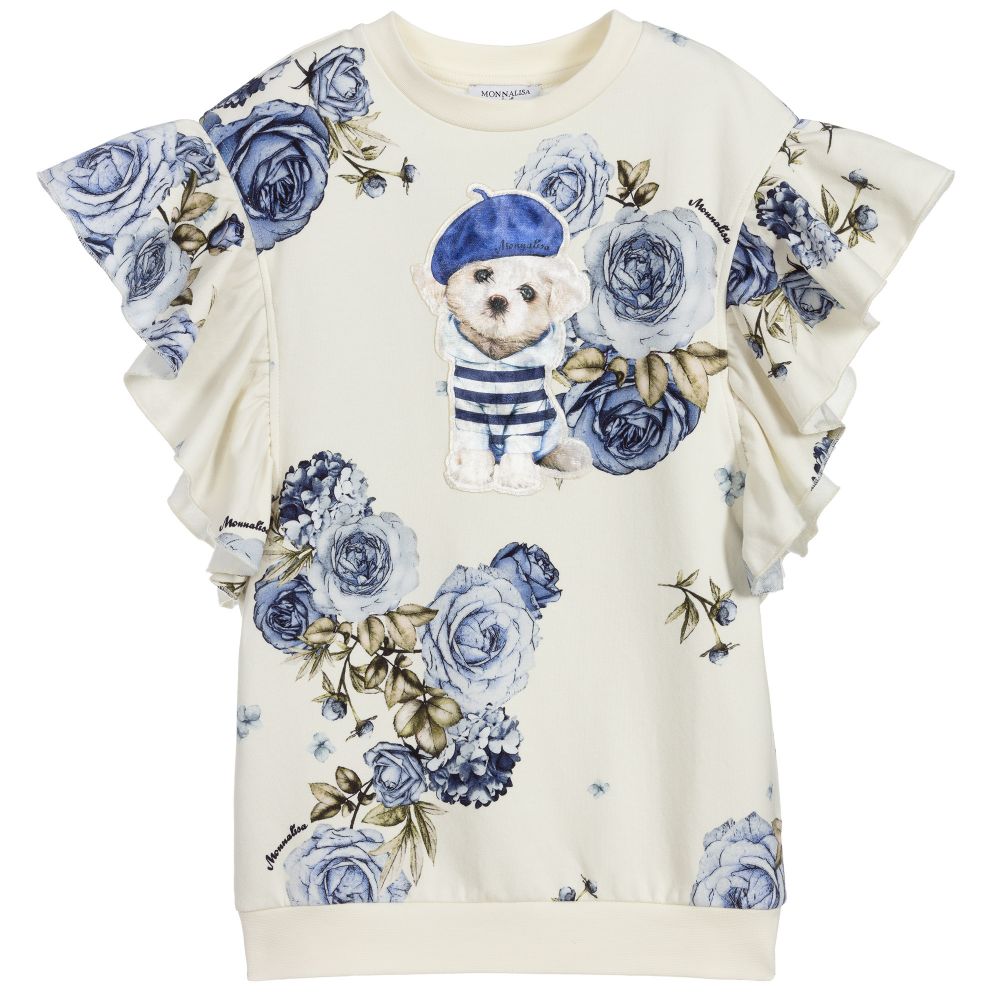 Monnalisa - Robe ivoire et bleue à motif fleuri | Childrensalon