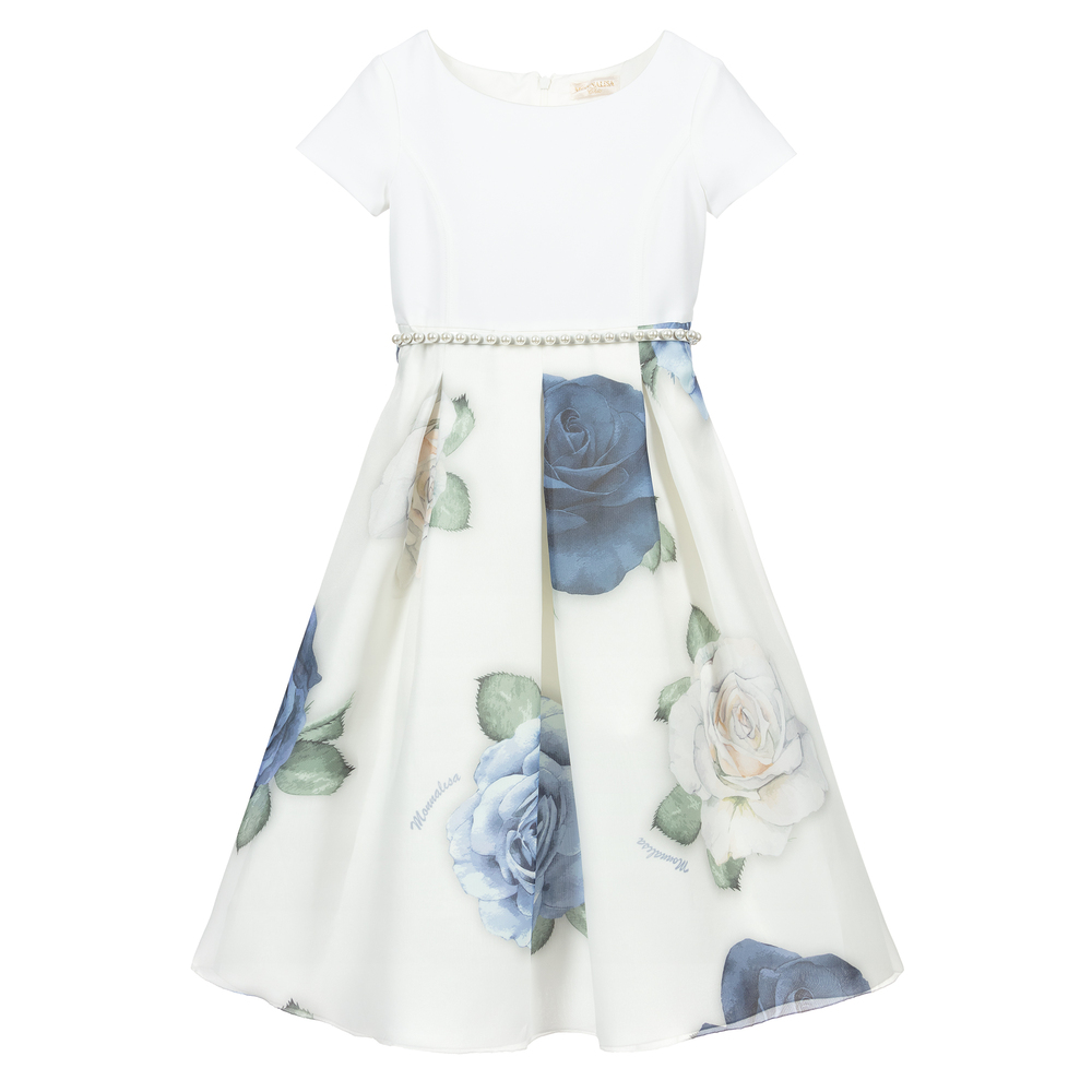 Monnalisa Chic - Платье миди цвета слоновой кости с голубыми цветами | Childrensalon