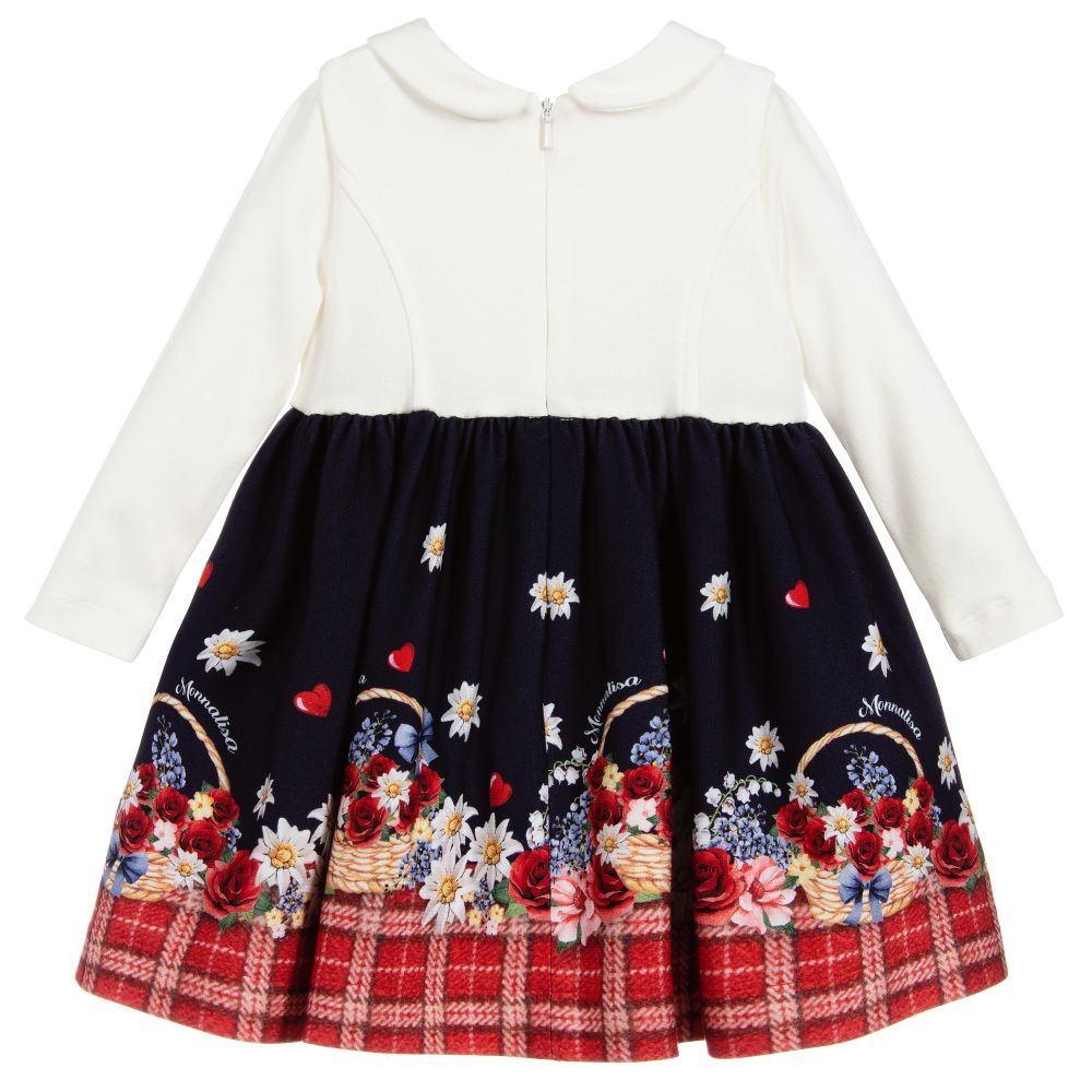 Monnalisa-Платье из вискозы цвета слоновой кости и синего цвета | Childrensalon Outlet