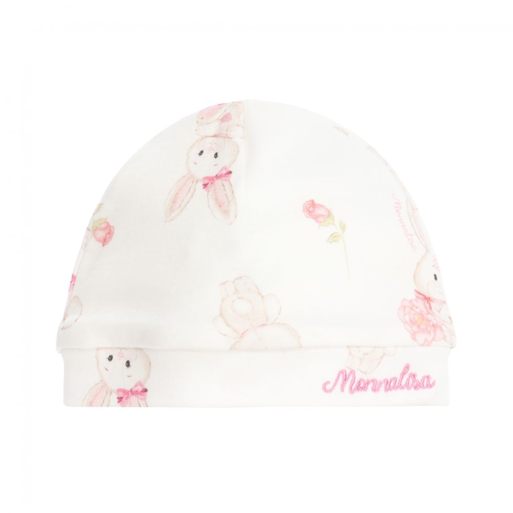 Monnalisa - Кремовая шапочка из хлопка с кроликом для малышей | Childrensalon