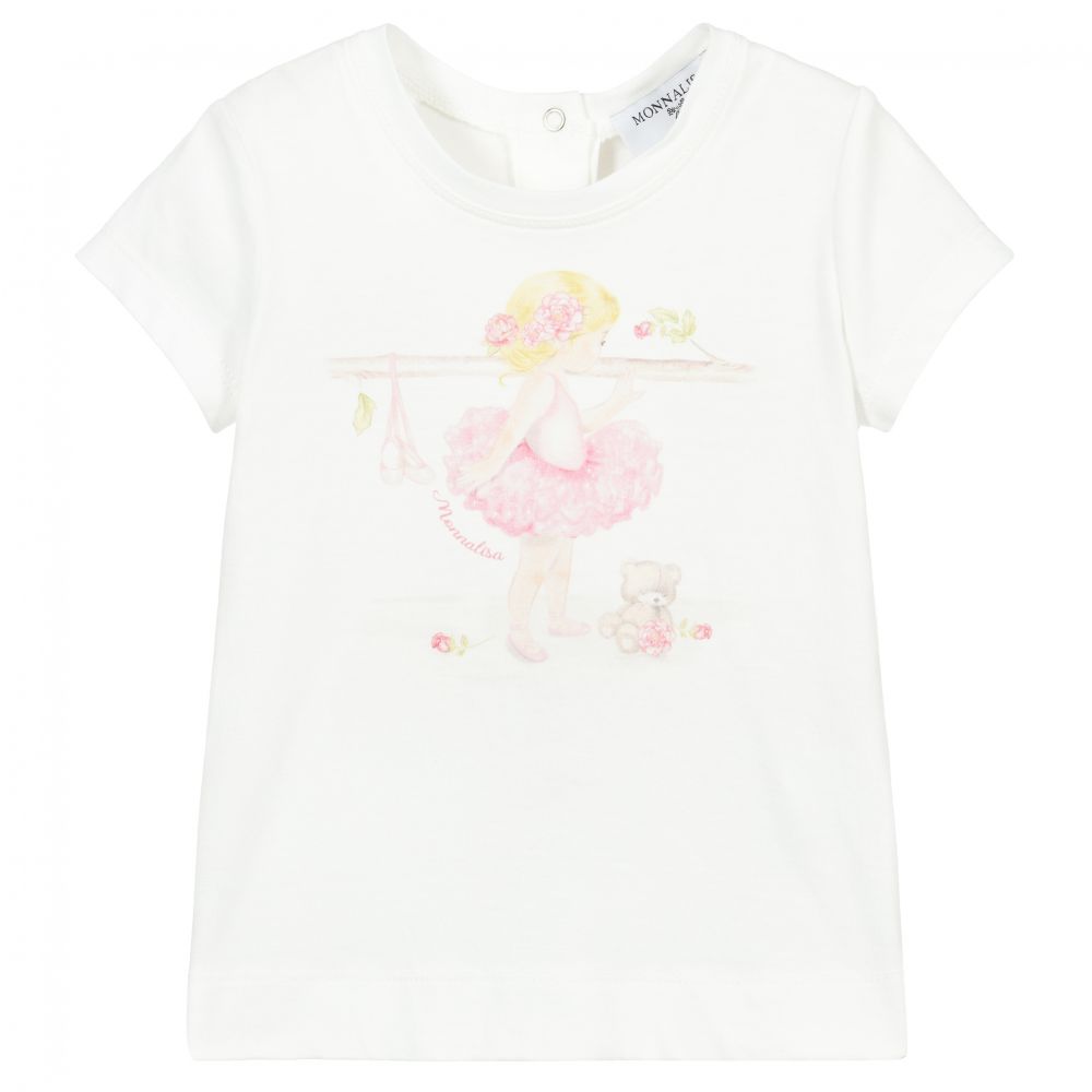 Monnalisa - Elfenbeinfarbenes Baumwoll-T-Shirt mit Balletmotiv | Childrensalon