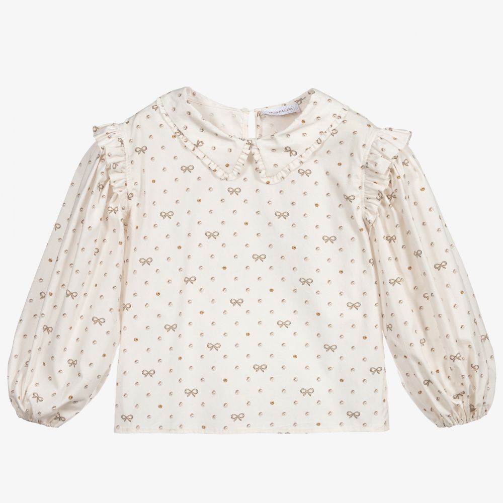 Monnalisa - Кремовая хлопковая блузка с бантом | Childrensalon