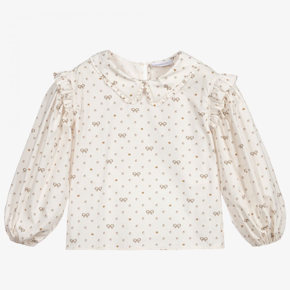 Monnalisa-Кремовая хлопковая блузка с бантом | Childrensalon Outlet