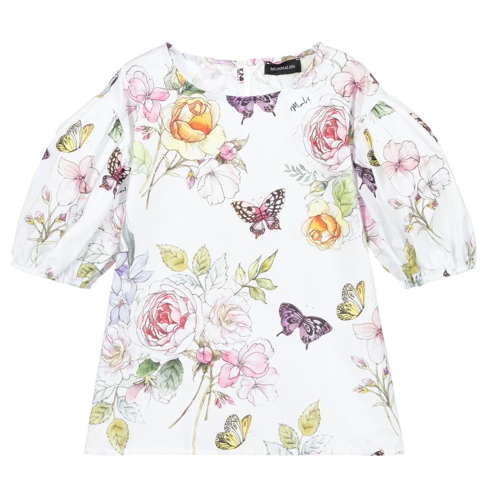 Monnalisa - Elfenbeinfarbene Baumwollbluse mit Blumen-Print | Childrensalon