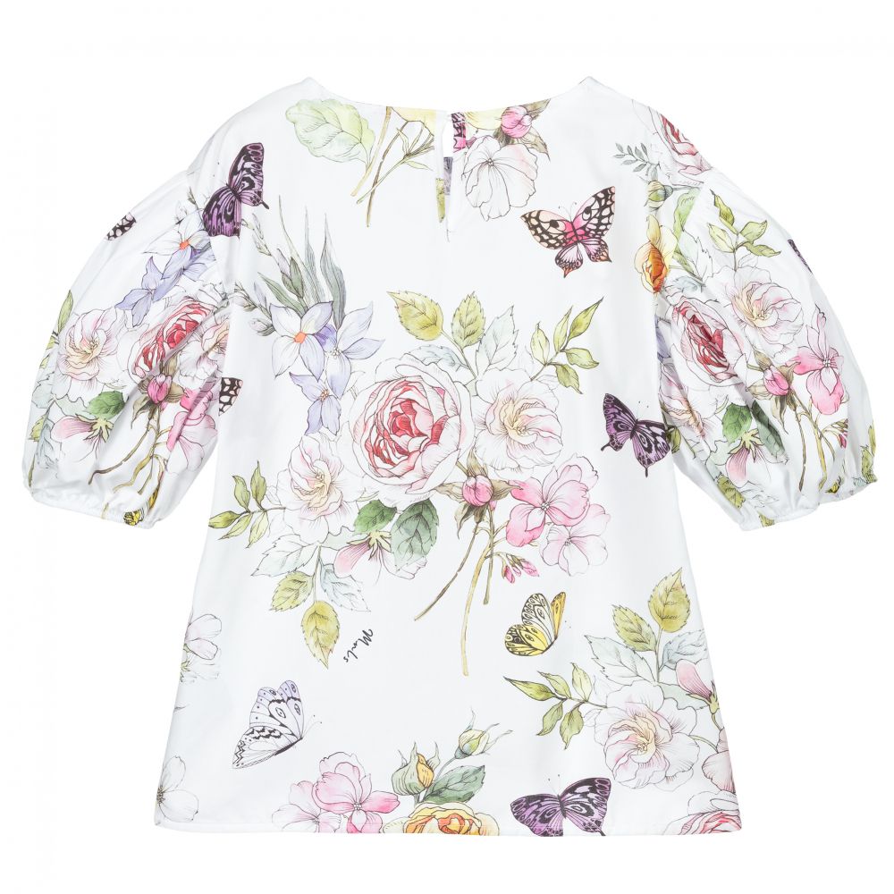 Monnalisa-بلوز قطن بوبلين لون عاجي بطبعة ملونة | Childrensalon Outlet