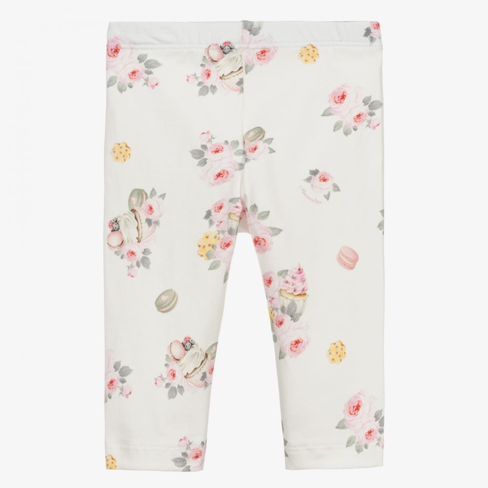 Monnalisa-Кремовые хлопковые легинсы с цветочным рисунком | Childrensalon Outlet