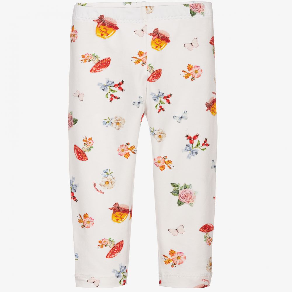 Monnalisa - Ivory Cotton Floral Leggings  | Childrensalon