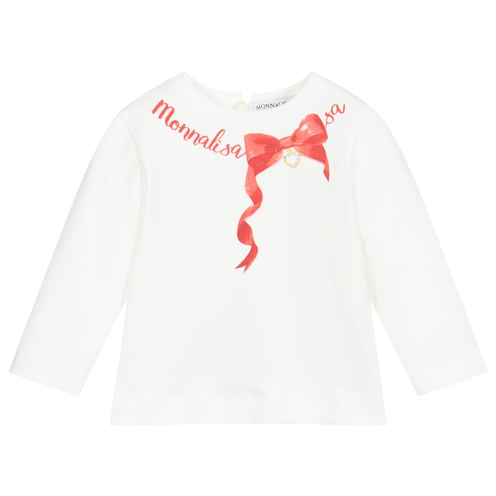 Monnalisa - Хлопковый топ цвета слоновой кости с логотипом | Childrensalon