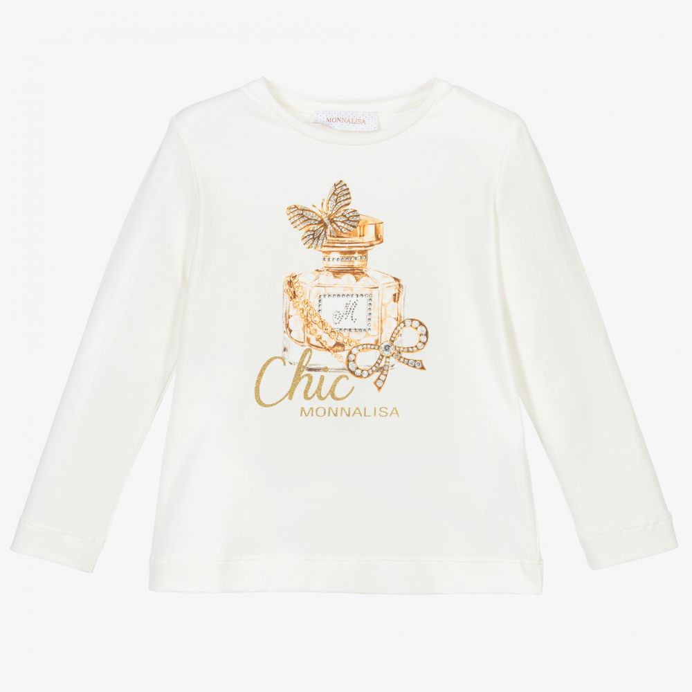 Monnalisa-Ivory Cotton Perfume Print Top | Childrensalon Outlet