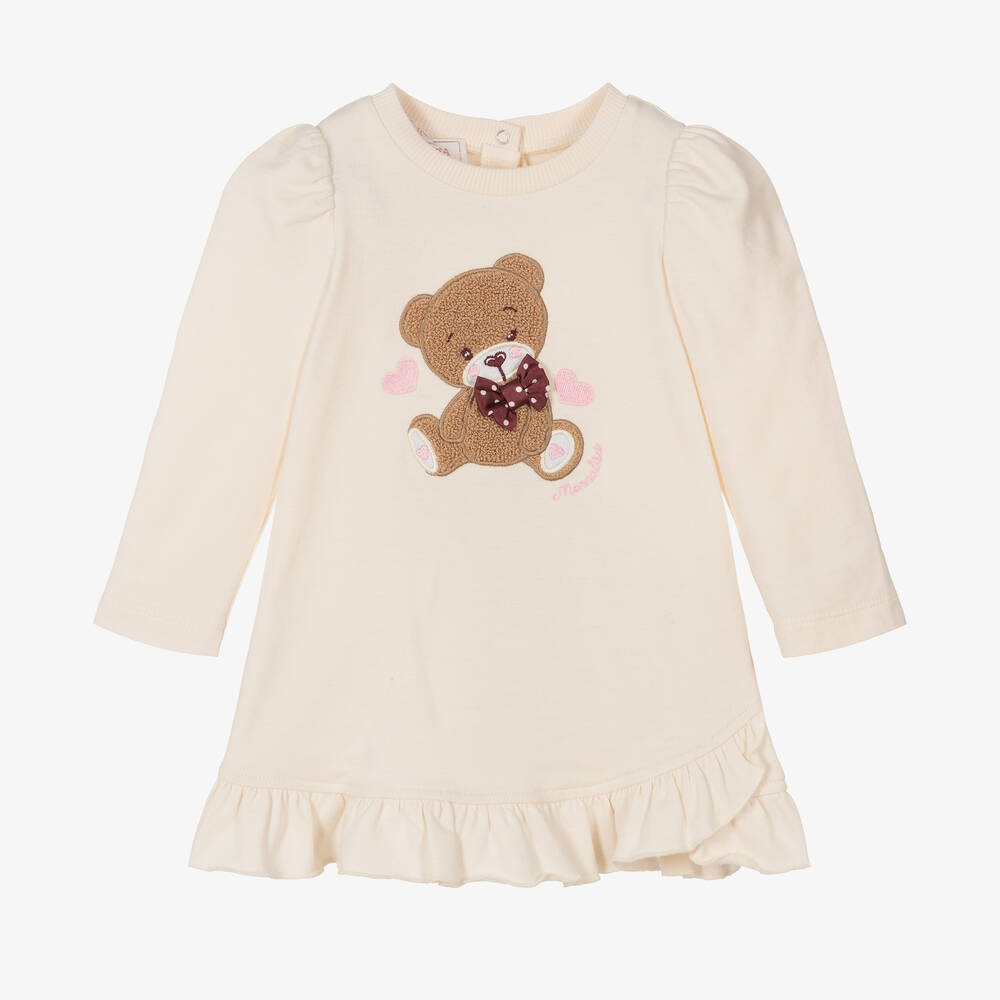 Monnalisa-Кремовое хлопковое платье с медвежонком | Childrensalon Outlet