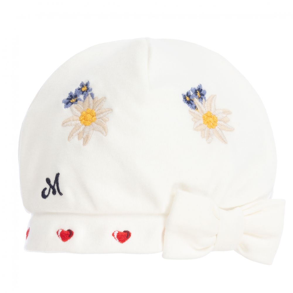 Monnalisa - Elfenbeinfarbene Mütze mit Blumenmuster | Childrensalon