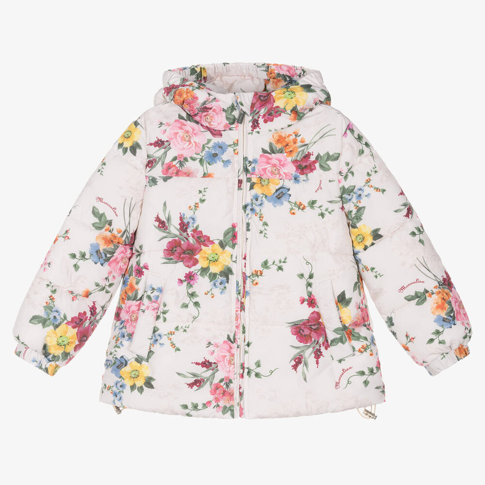 Monnalisa - Ivory Floral Puffer Jacket | Childrensalon