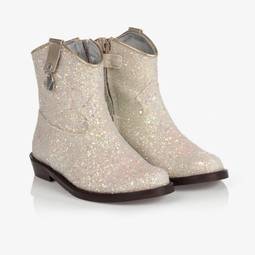 Monnalisa - Elfenbeinfarbene Glitzer-Stiefeletten | Childrensalon