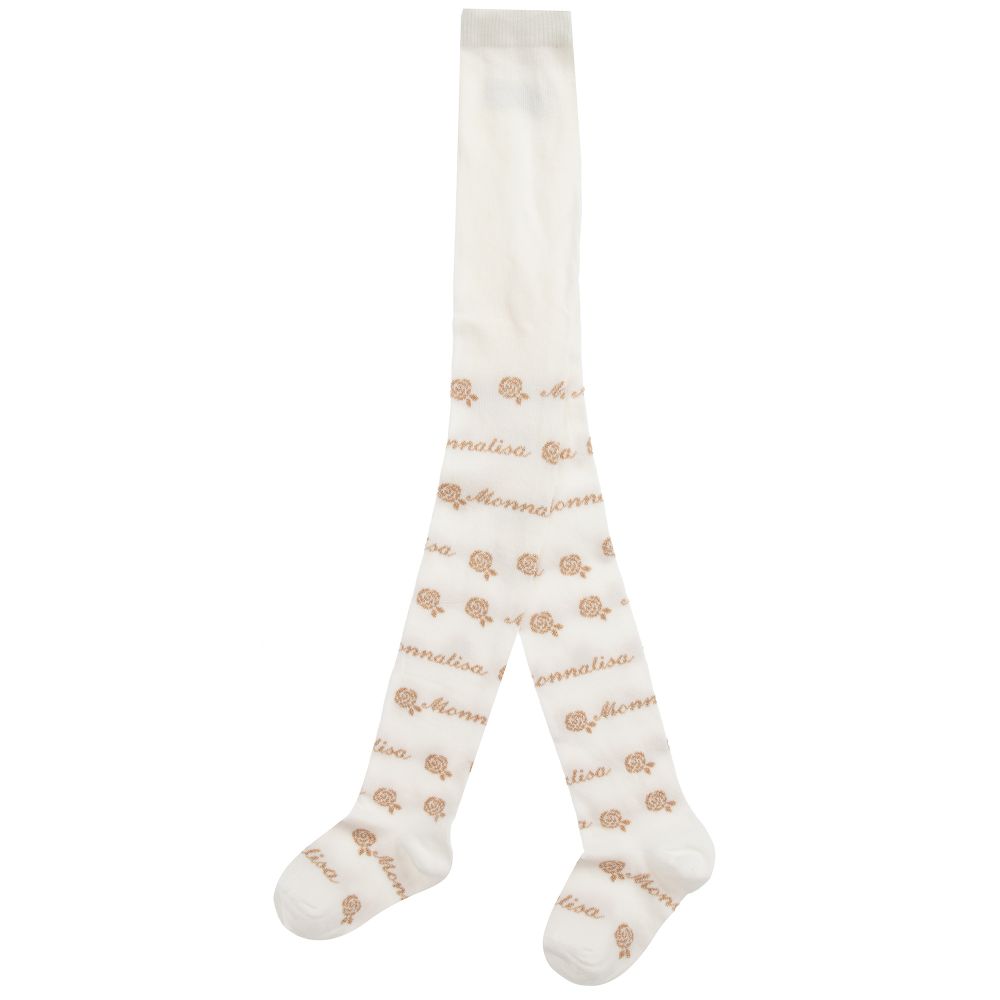 Monnalisa-Хлопковые колготки цвета слоновой кости с золотистым мотивом | Childrensalon Outlet