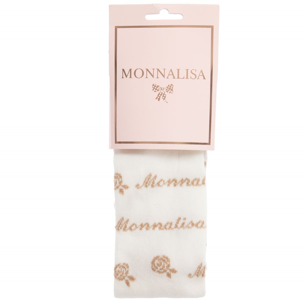 Monnalisa-Хлопковые колготки цвета слоновой кости с золотистым мотивом | Childrensalon Outlet