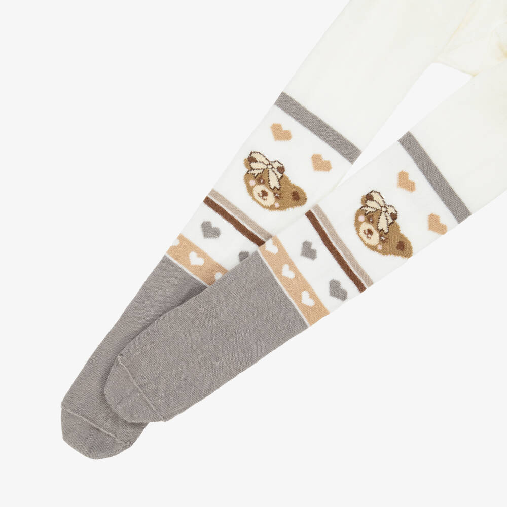 Monnalisa-جوارب بناتية عاجية رمادية بنقشة الدب | Childrensalon Outlet