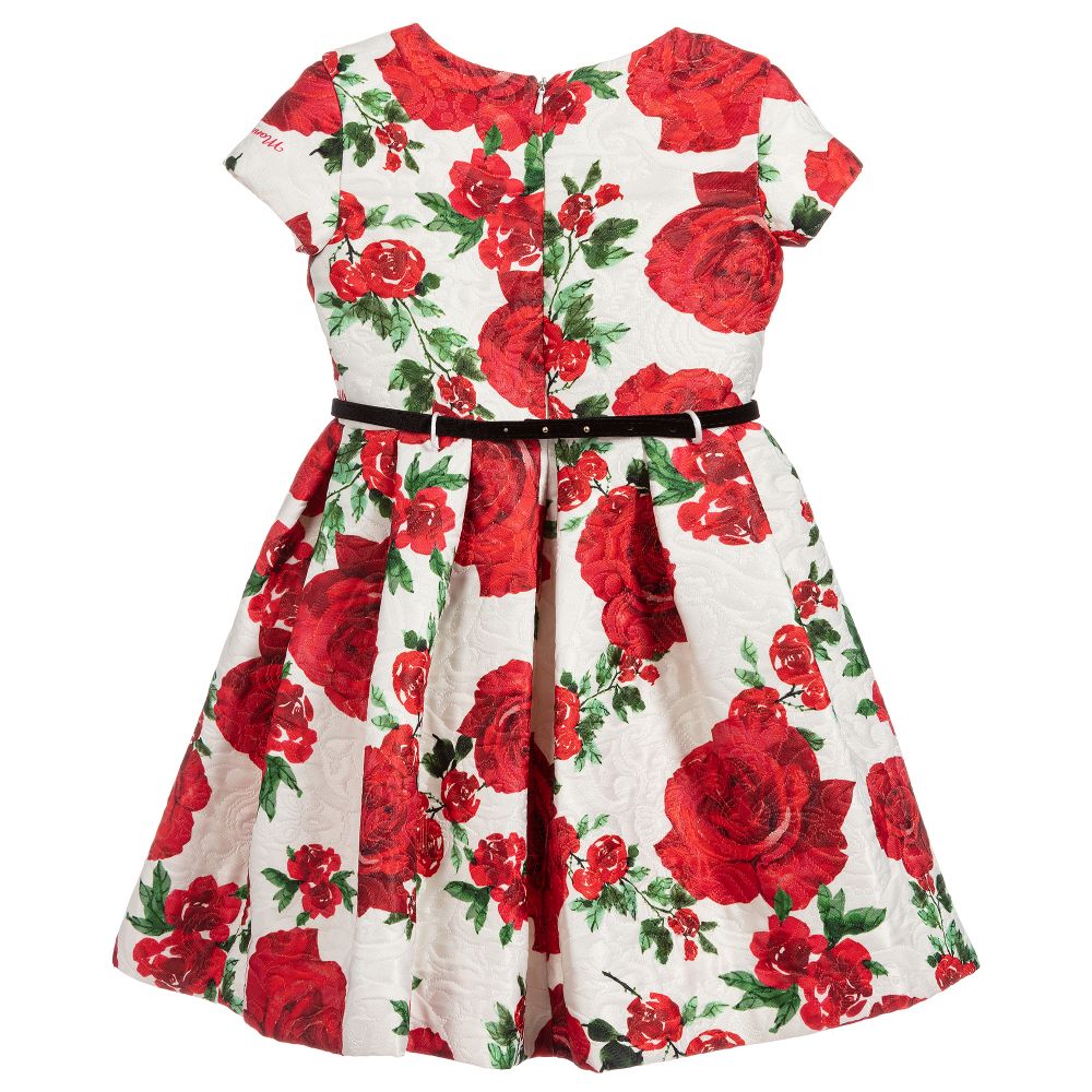 Monnalisa Chic-Ivory Jacquard Rose Dress | Childrensalon Outlet